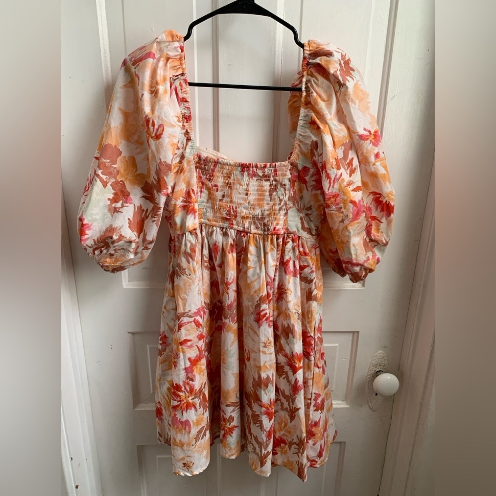 Abercrombie & Fitch Emerson Poplin Dress Small/Tall Floral Orange & Pink - Picture 3 of 5